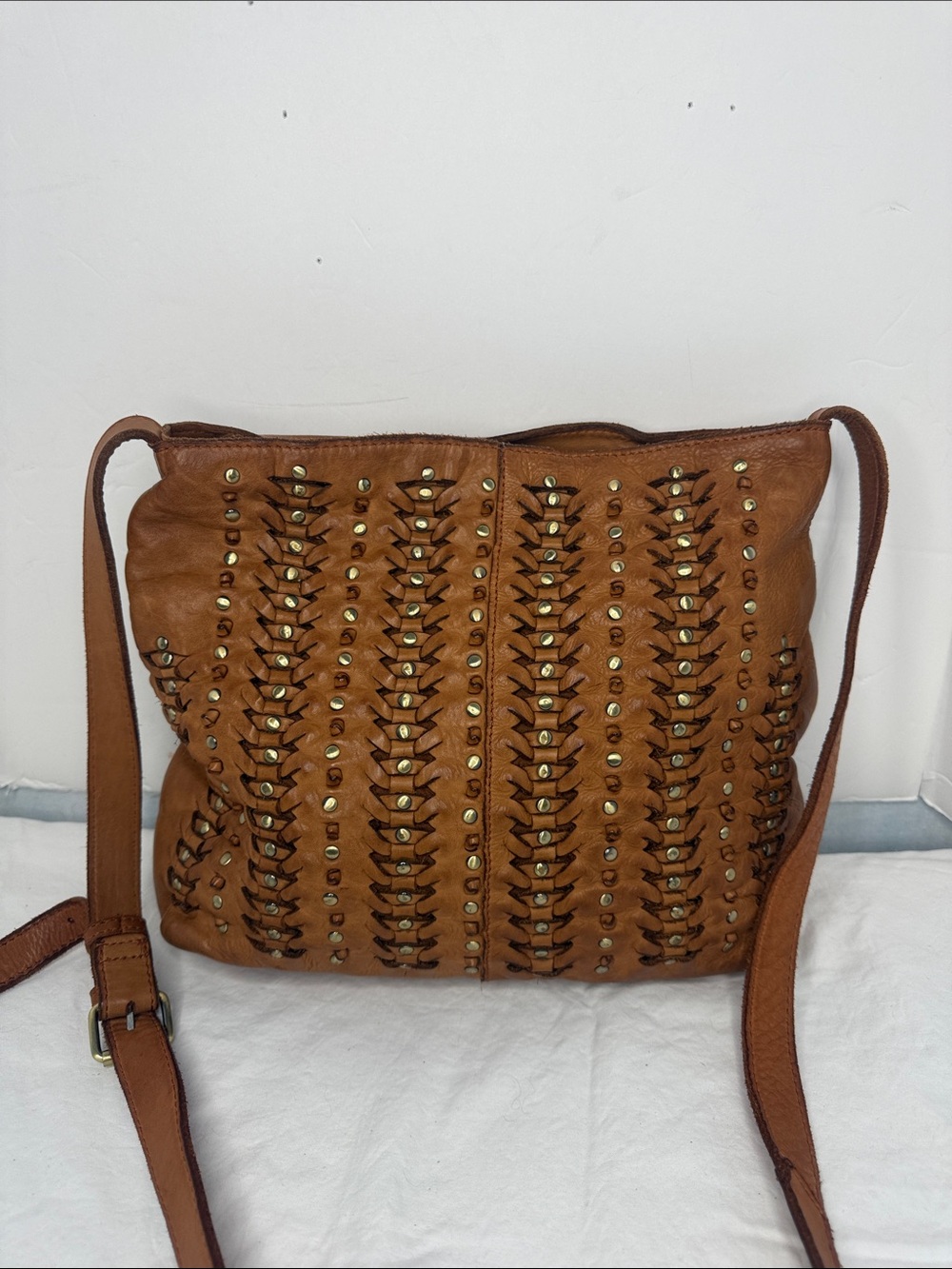 Marta Ponti  Woven Studded Crossbody Bag - Tan